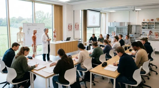Salle de classe de préparation médicale avec professeur enseignant l'anatomie à un groupe restreint d'étudiants attentifs