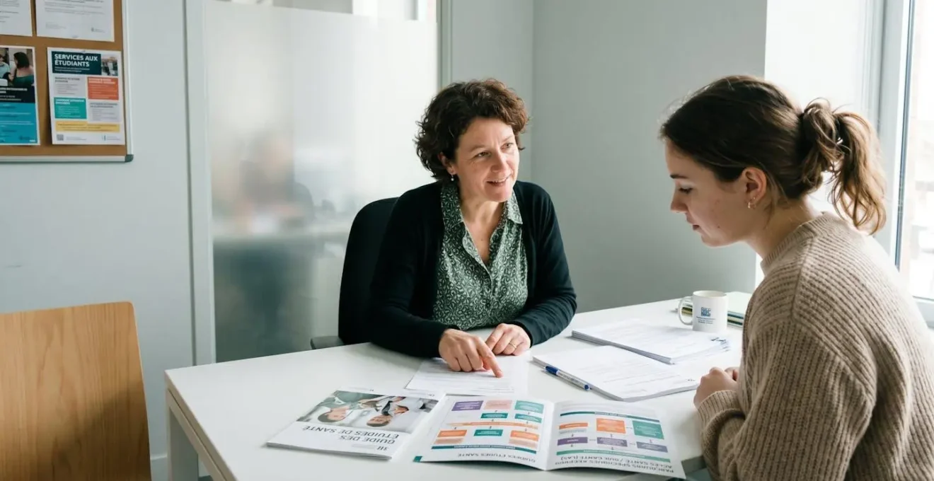 Conseiller d'orientation expliquant les parcours PASS et LAS à un étudiant dans un bureau moderne